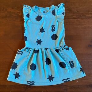 Tea Collection Muted Blue Black Graphic Celestial Cotton Pocket Dress Sz. 4